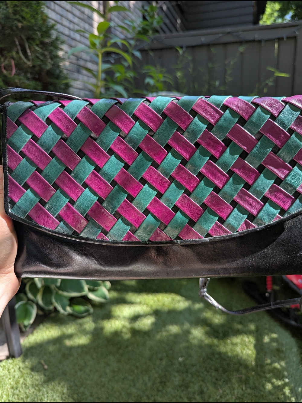 Vintage 80s SANTI Made In Canada Black Woven Envelope Crossbody Bag Clutch Teal